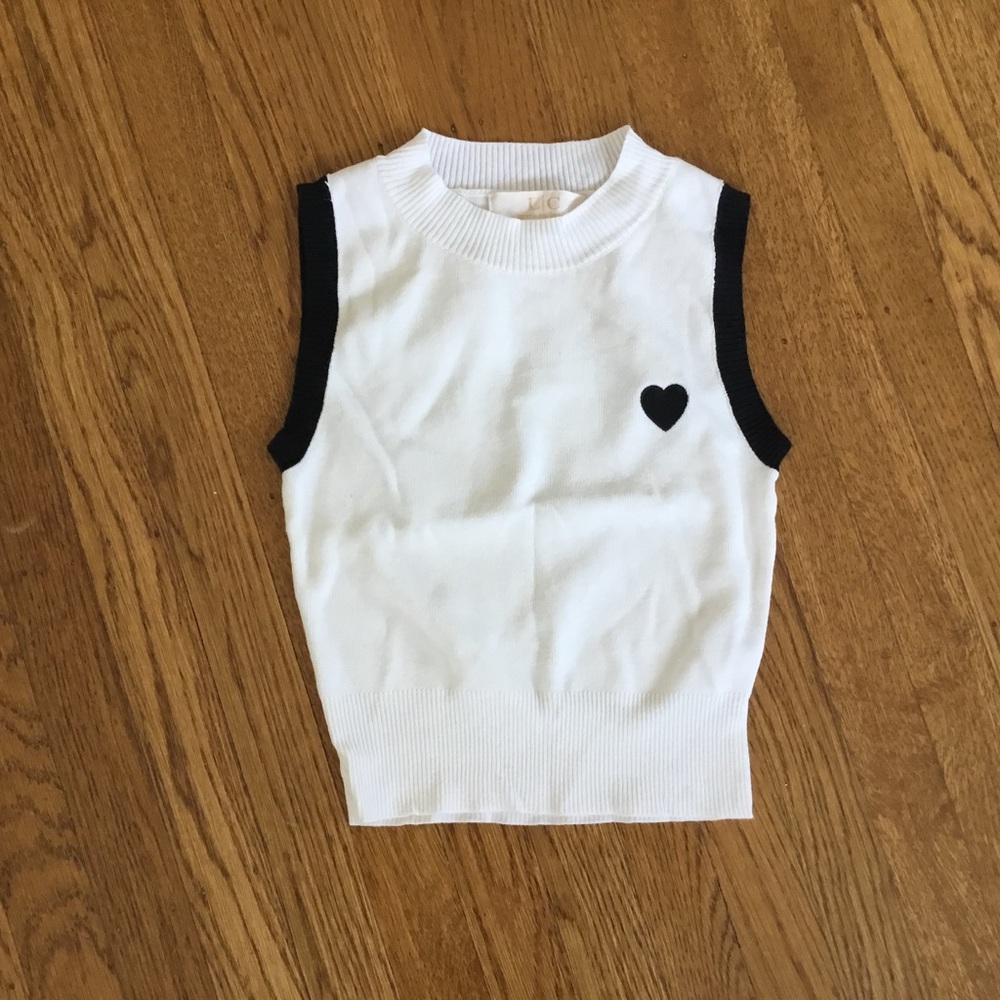 White and Black Knit Tank Top with Heart Detail